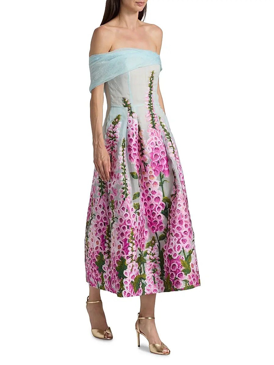 Oscar de la Renta Women's Foxgloves-Embroidered Organza Off-the-Shoulder Dress - Lilac Sky | Thumbnail 4 Oscar de la Renta Women's Foxgloves-Embroidered Organza Off-the-Shoulder Dress - Lilac Sky | Thumbnail 4