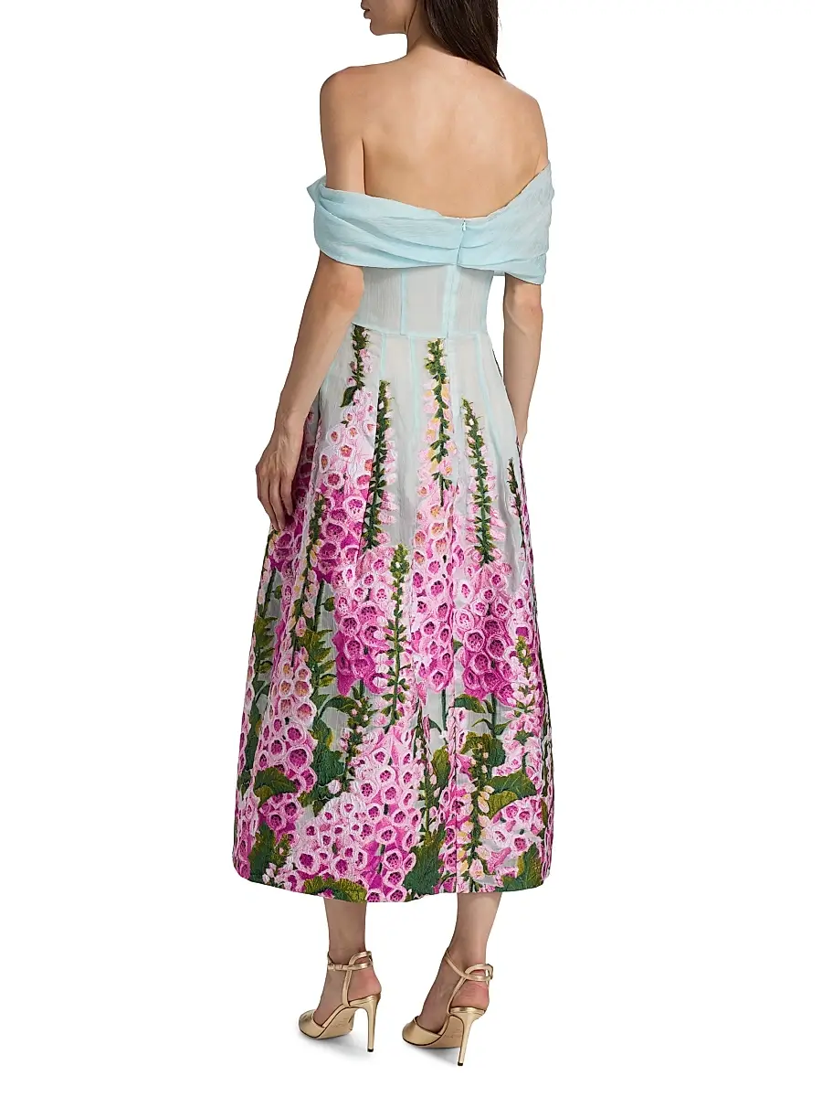 Oscar de la Renta Women's Foxgloves-Embroidered Organza Off-the-Shoulder Dress - Lilac Sky | Thumbnail 5 Oscar de la Renta Women's Foxgloves-Embroidered Organza Off-the-Shoulder Dress - Lilac Sky | Thumbnail 5