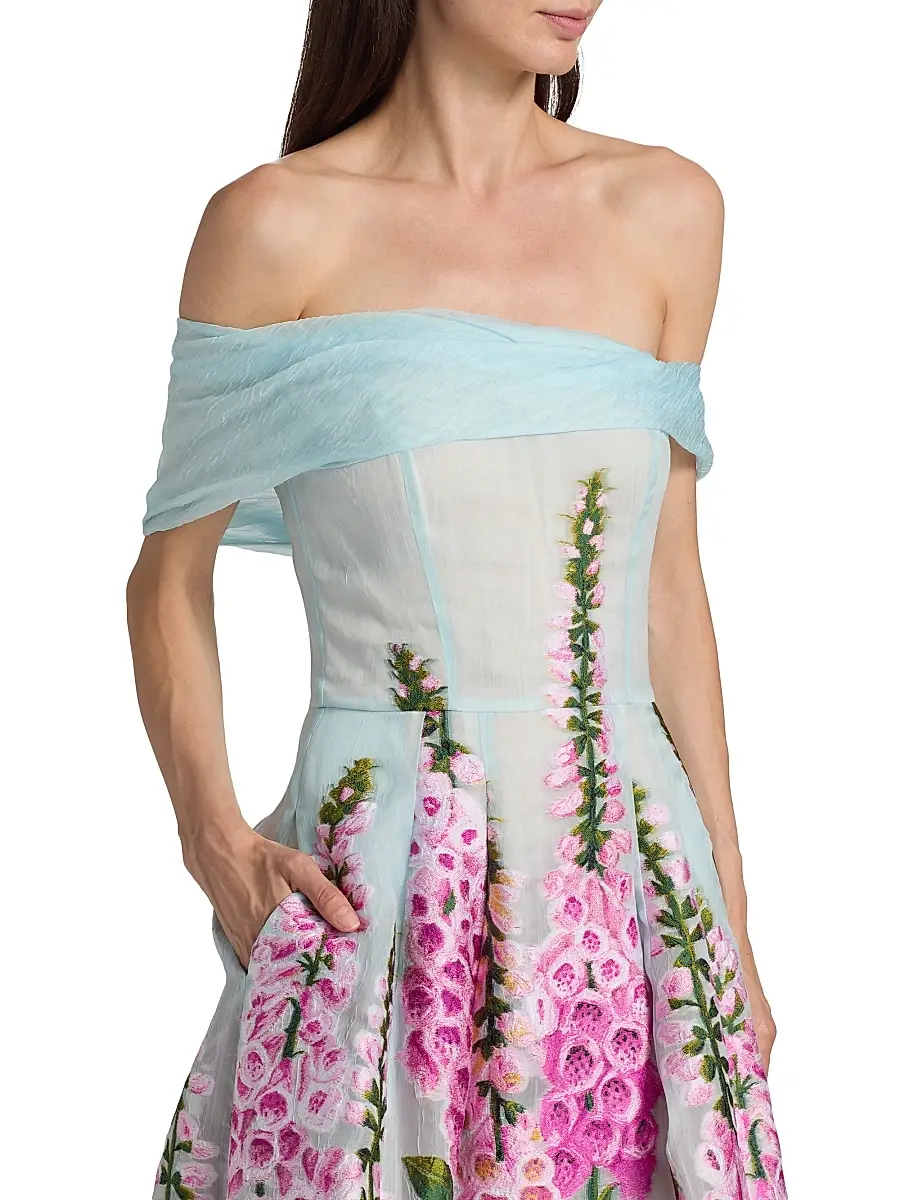 Oscar de la Renta Women's Foxgloves-Embroidered Organza Off-the-Shoulder Dress - Lilac Sky | Thumbnail 6 Oscar de la Renta Women's Foxgloves-Embroidered Organza Off-the-Shoulder Dress - Lilac Sky | Thumbnail 6