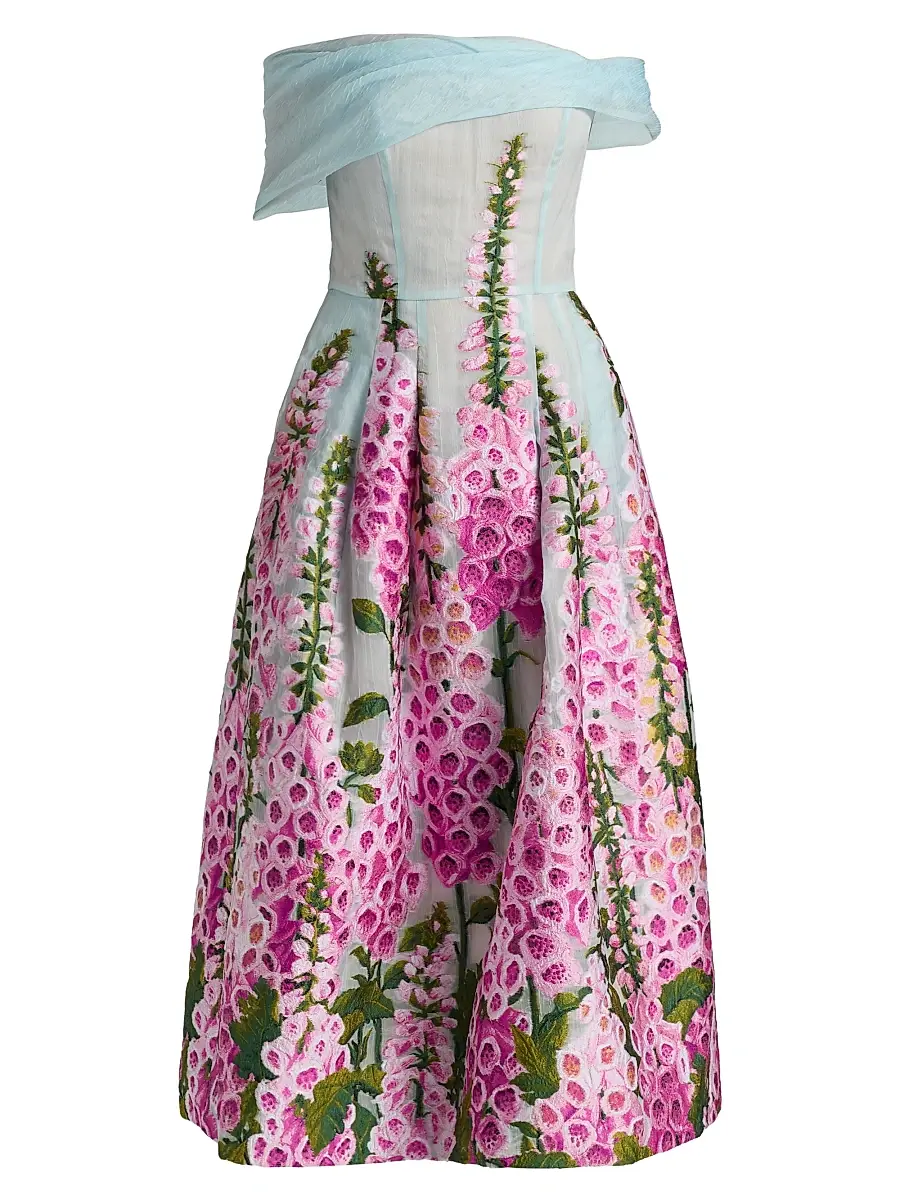 Women's Foxgloves-Embroidered Organza Off-the-Shoulder Dress - Lilac Sky Women's Foxgloves-Embroidered Organza Off-the-Shoulder Dress - Lilac Sky