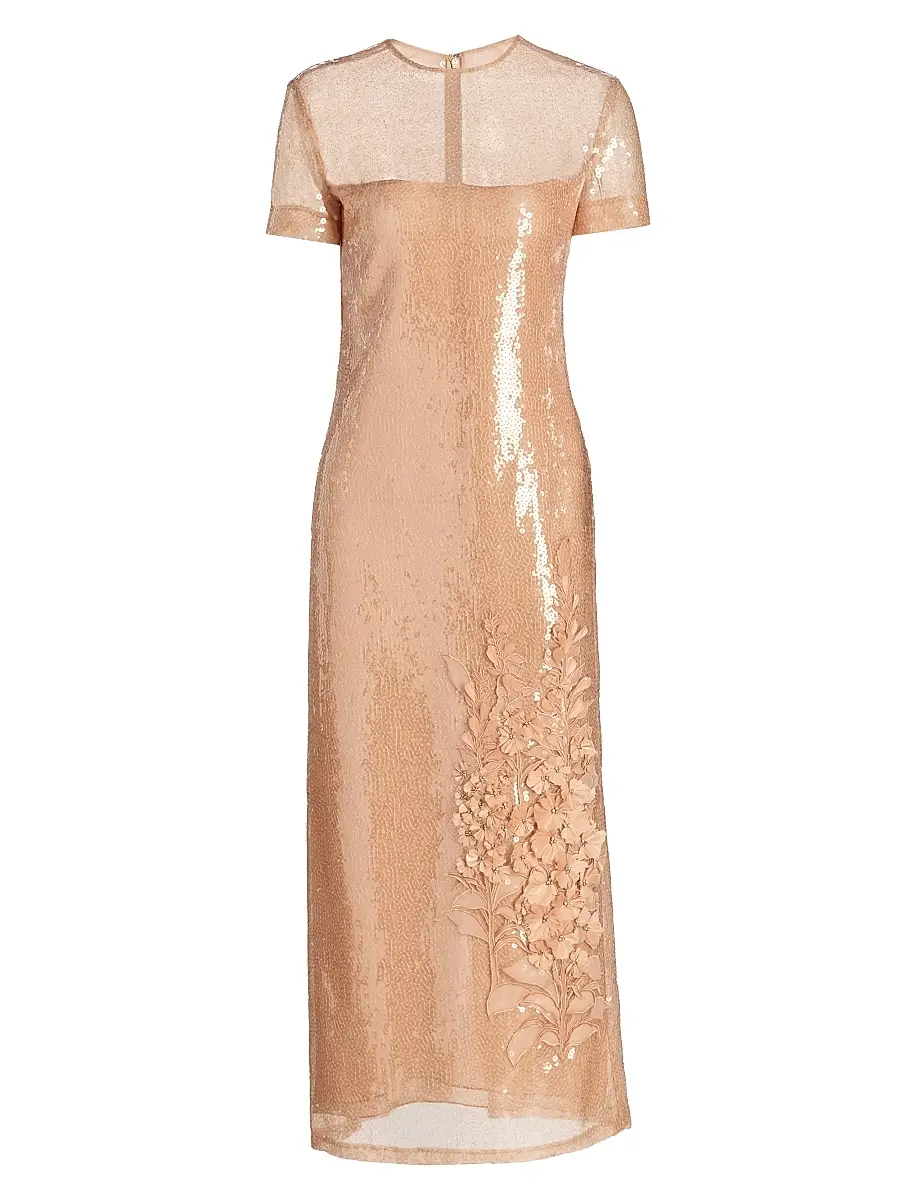 Oscar de la Renta Women's Floral-Appliqué Sequined Short-Sleeve Cocktail Dress - Beige | Image 1 Oscar de la Renta Women's Floral-Appliqué Sequined Short-Sleeve Cocktail Dress - Beige | Image 1