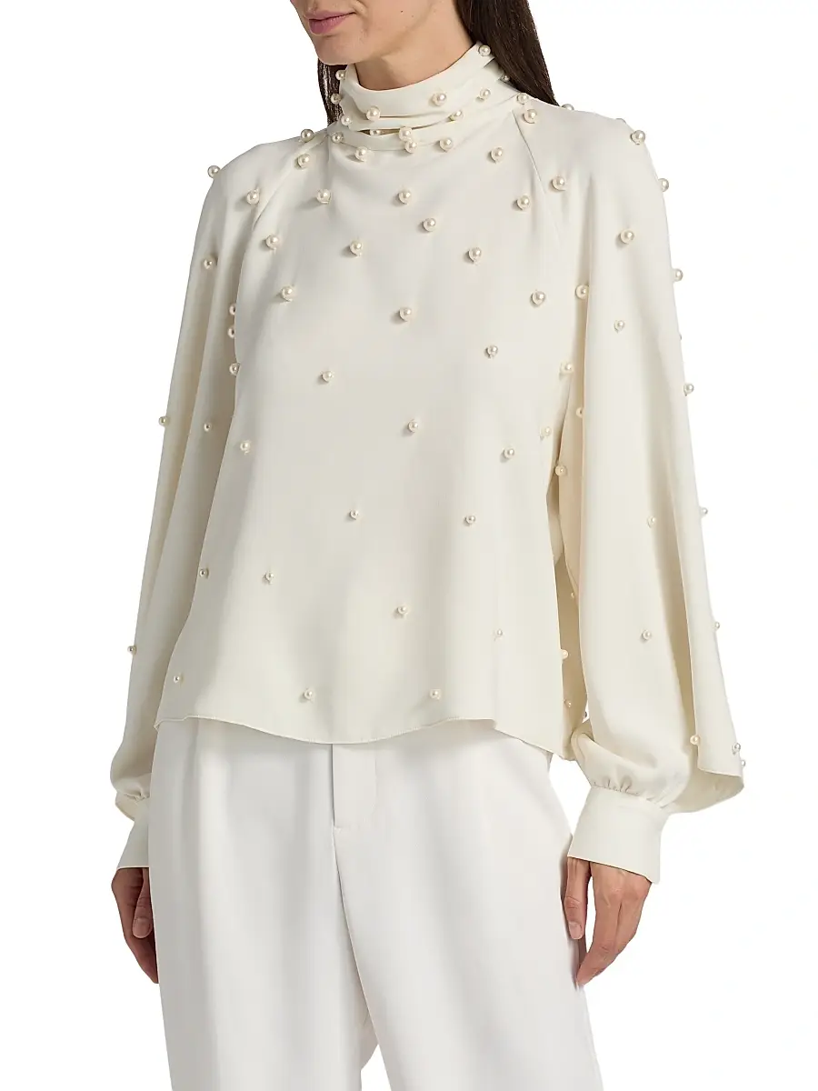 Oscar de la Renta Women's Imitation Pearl-Embellished Silk-Blend Georgette Blouse | Thumbnail 3 Oscar de la Renta Women's Imitation Pearl-Embellished Silk-Blend Georgette Blouse | Thumbnail 3