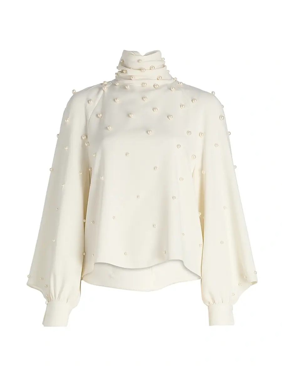 Oscar de la Renta Women's Imitation Pearl-Embellished Silk-Blend Georgette Blouse - | Image 1 Oscar de la Renta Women's Imitation Pearl-Embellished Silk-Blend Georgette Blouse - | Image 1