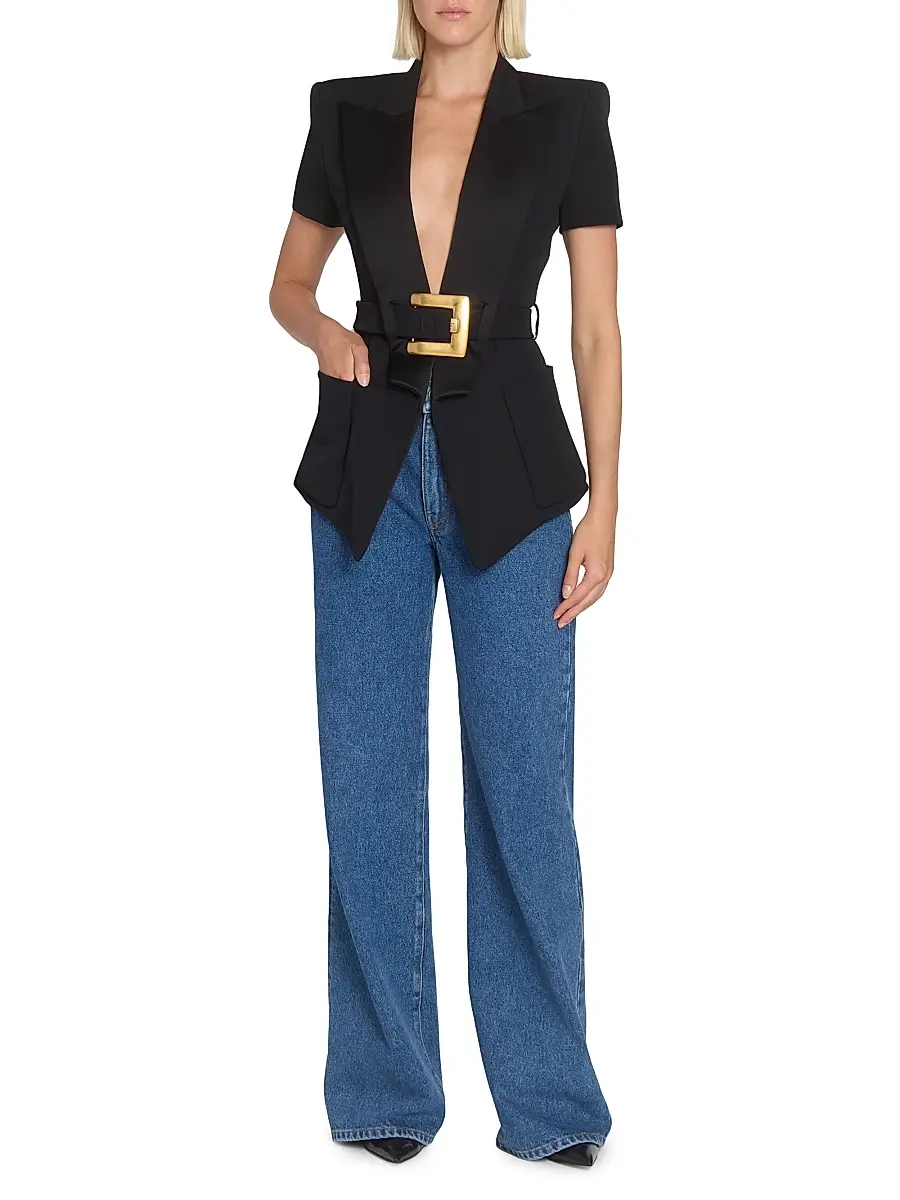 Balmain Women's Grain De Poudre Belted Virgin Wool Jacket - Noir | Thumbnail 2 Balmain Women's Grain De Poudre Belted Virgin Wool Jacket - Noir | Thumbnail 2