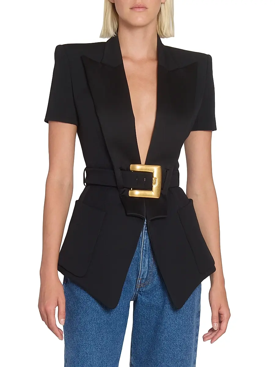 Balmain Women's Grain De Poudre Belted Virgin Wool Jacket - Noir | Thumbnail 3 Balmain Women's Grain De Poudre Belted Virgin Wool Jacket - Noir | Thumbnail 3