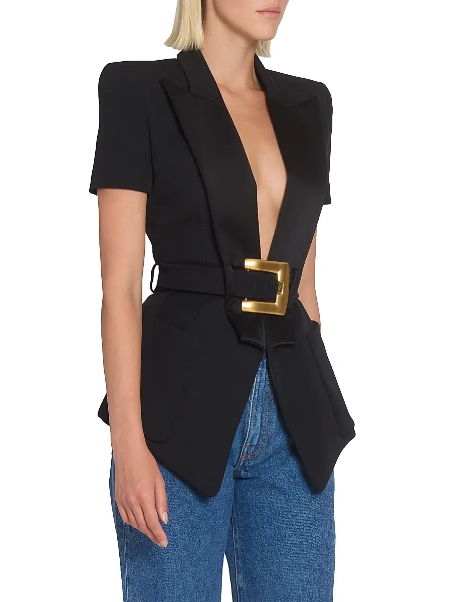 Balmain Women's Grain De Poudre Belted Virgin Wool Jacket - Noir | Thumbnail 4 Balmain Women's Grain De Poudre Belted Virgin Wool Jacket - Noir | Thumbnail 4