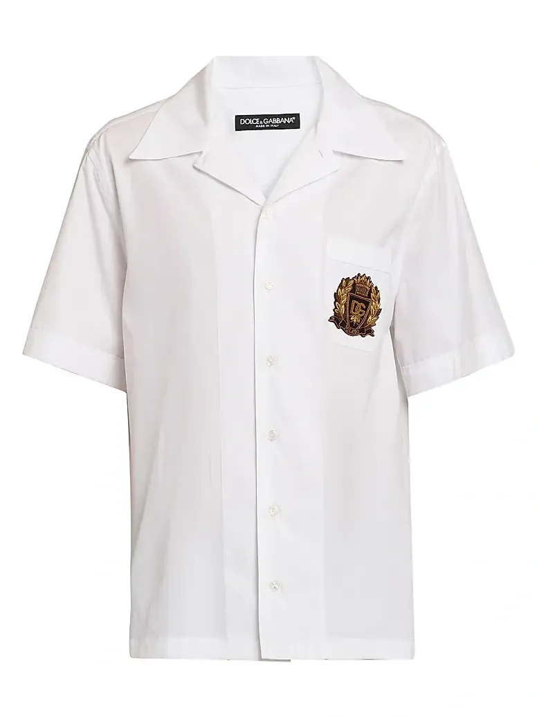 Dolce & Gabbana Men's Logo Seal-Embroidered Cotton Poplin Short-Sleeve Shirt