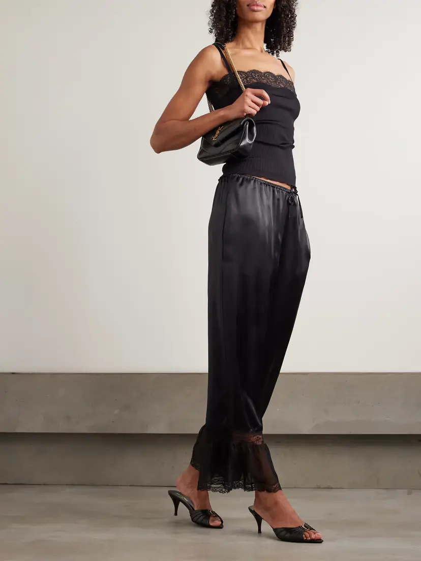 Saint Laurent Ruffled Lace-trimmed Silk-satin Wide-leg Pants | Thumbnail 2 Saint Laurent Ruffled Lace-trimmed Silk-satin Wide-leg Pants | Thumbnail 2