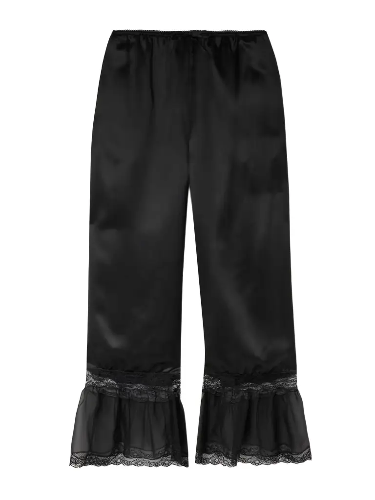 Saint Laurent Ruffled Lace-trimmed Silk-satin Wide-leg Pants | Image 1 Saint Laurent Ruffled Lace-trimmed Silk-satin Wide-leg Pants | Image 1