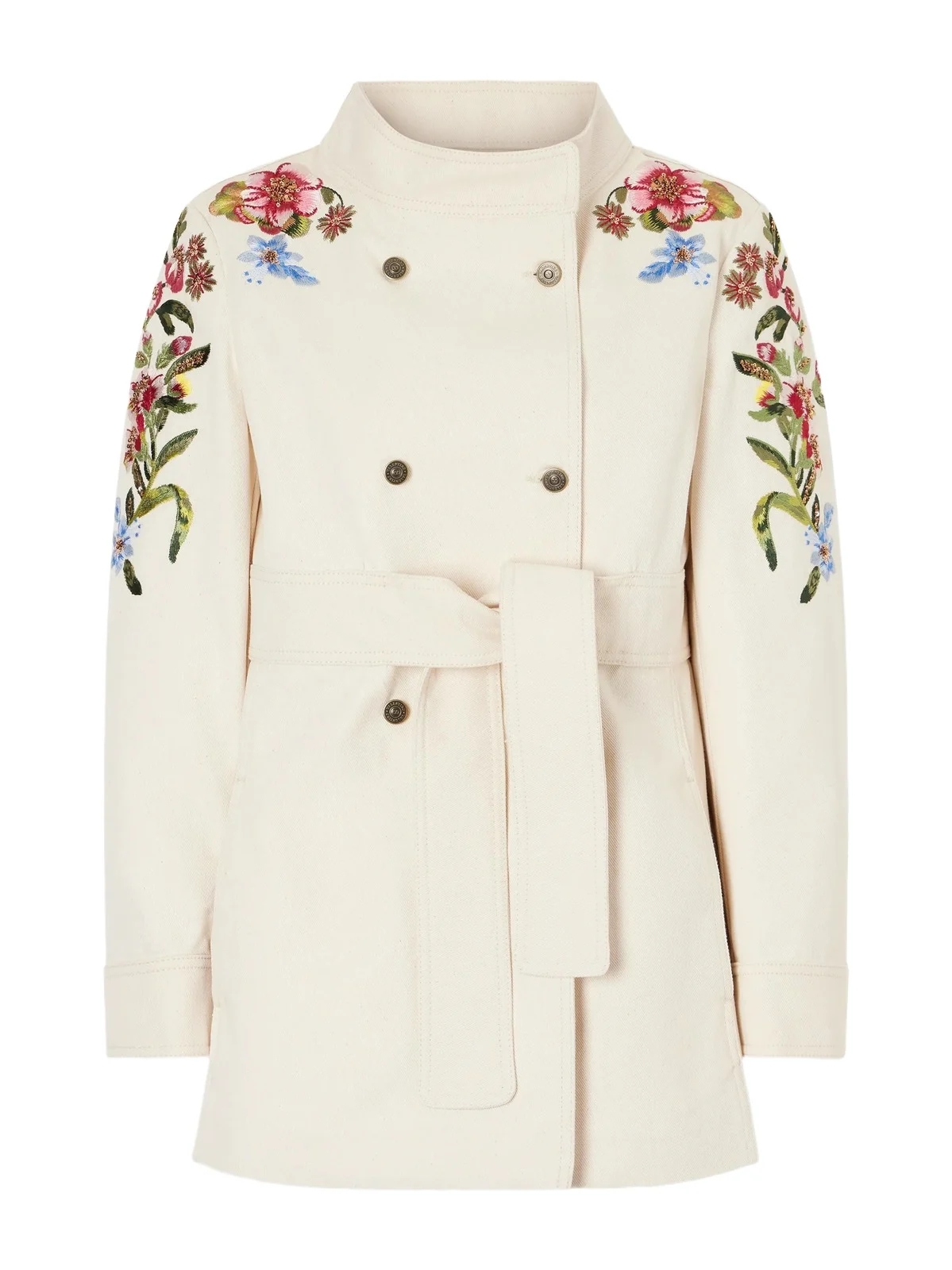 Belted Embellished Embroidered Denim Jacket Belted Embellished Embroidered Denim Jacket