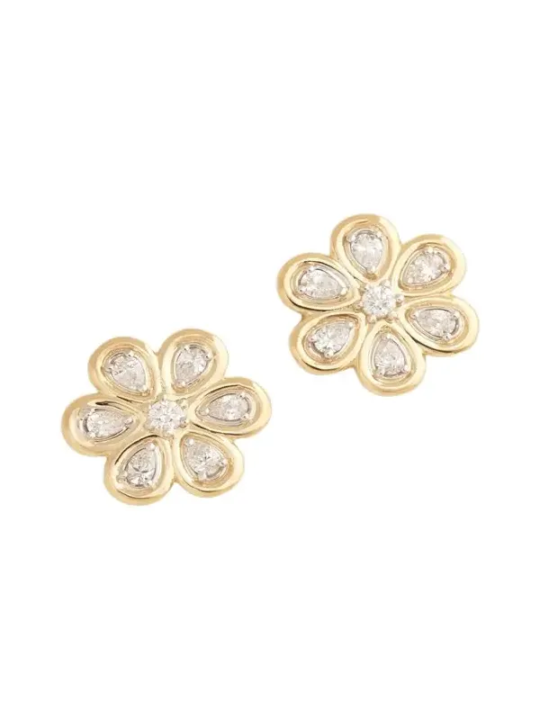18K Yellow and White Gold Floral Stud Earrings with Diamonds