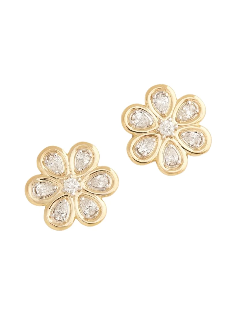 18K Yellow and White Gold Floral Stud Earrings with Diamonds