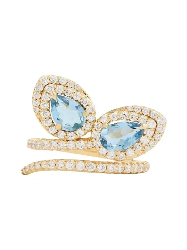 18K Yellow Gold Script Petal Ring with Aquamarine and Diamonds 18K Yellow Gold Script Petal Ring with Aquamarine and Diamonds