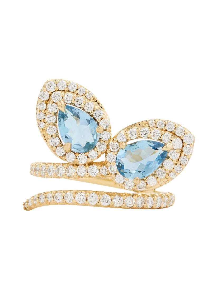 18K Yellow Gold Script Petal Ring with Aquamarine and Diamonds 18K Yellow Gold Script Petal Ring with Aquamarine and Diamonds