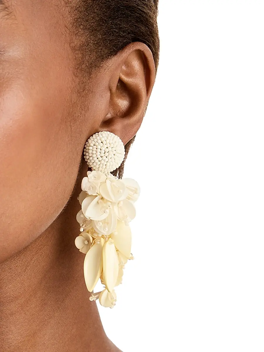 Oscar de la Renta Women's Glass Beaded Flower Clip-On Drop Earrings - White | Thumbnail 2