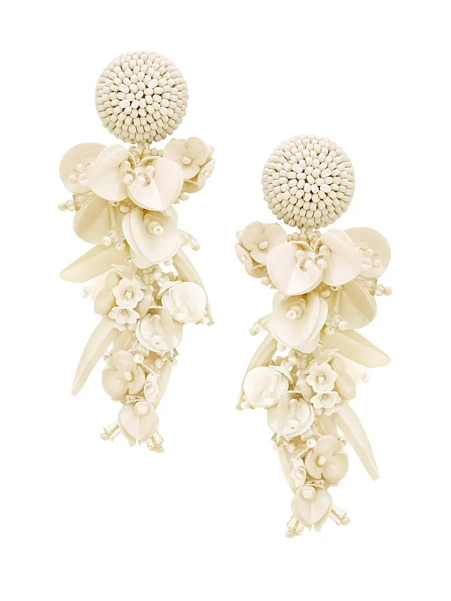 Women's Glass Beaded Flower Clip-On Drop Earrings - White Women's Glass Beaded Flower Clip-On Drop Earrings - White