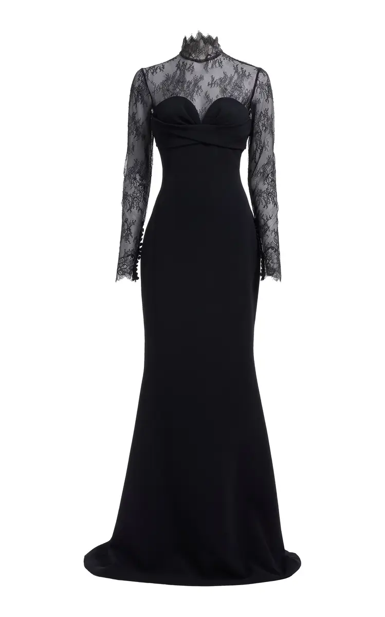 Elie Saab Long-Sleeve Cady-Lace Gown