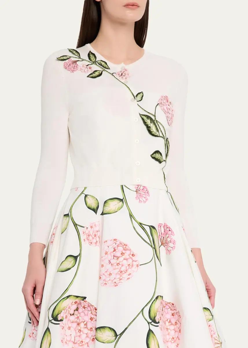 Oscar de la Renta Porcelain Flower Embroidered Crop Crewneck Cardigan | Thumbnail 4 Oscar de la Renta Porcelain Flower Embroidered Crop Crewneck Cardigan | Thumbnail 4