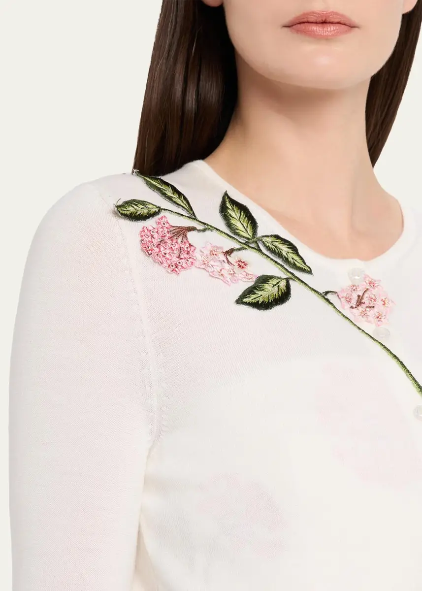 Oscar de la Renta Porcelain Flower Embroidered Crop Crewneck Cardigan | Thumbnail 5 Oscar de la Renta Porcelain Flower Embroidered Crop Crewneck Cardigan | Thumbnail 5