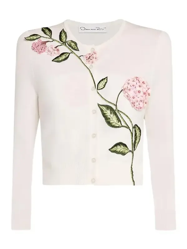 Porcelain Flower Embroidered Crop Crewneck Cardigan Porcelain Flower Embroidered Crop Crewneck Cardigan