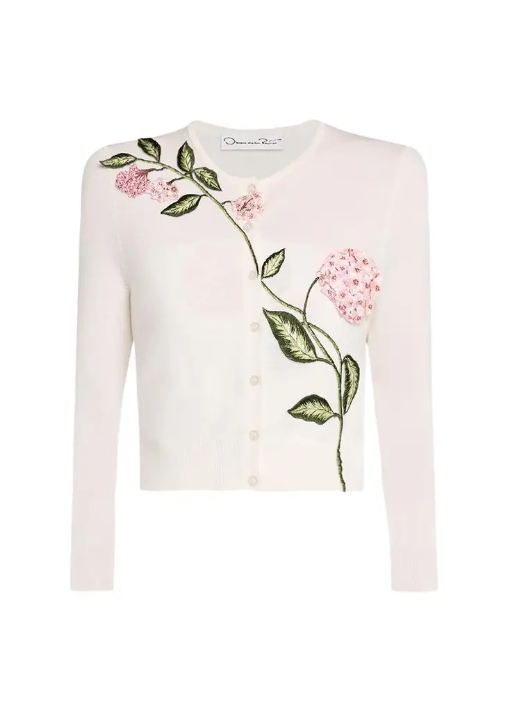 Porcelain Flower Embroidered Crop Crewneck Cardigan Porcelain Flower Embroidered Crop Crewneck Cardigan