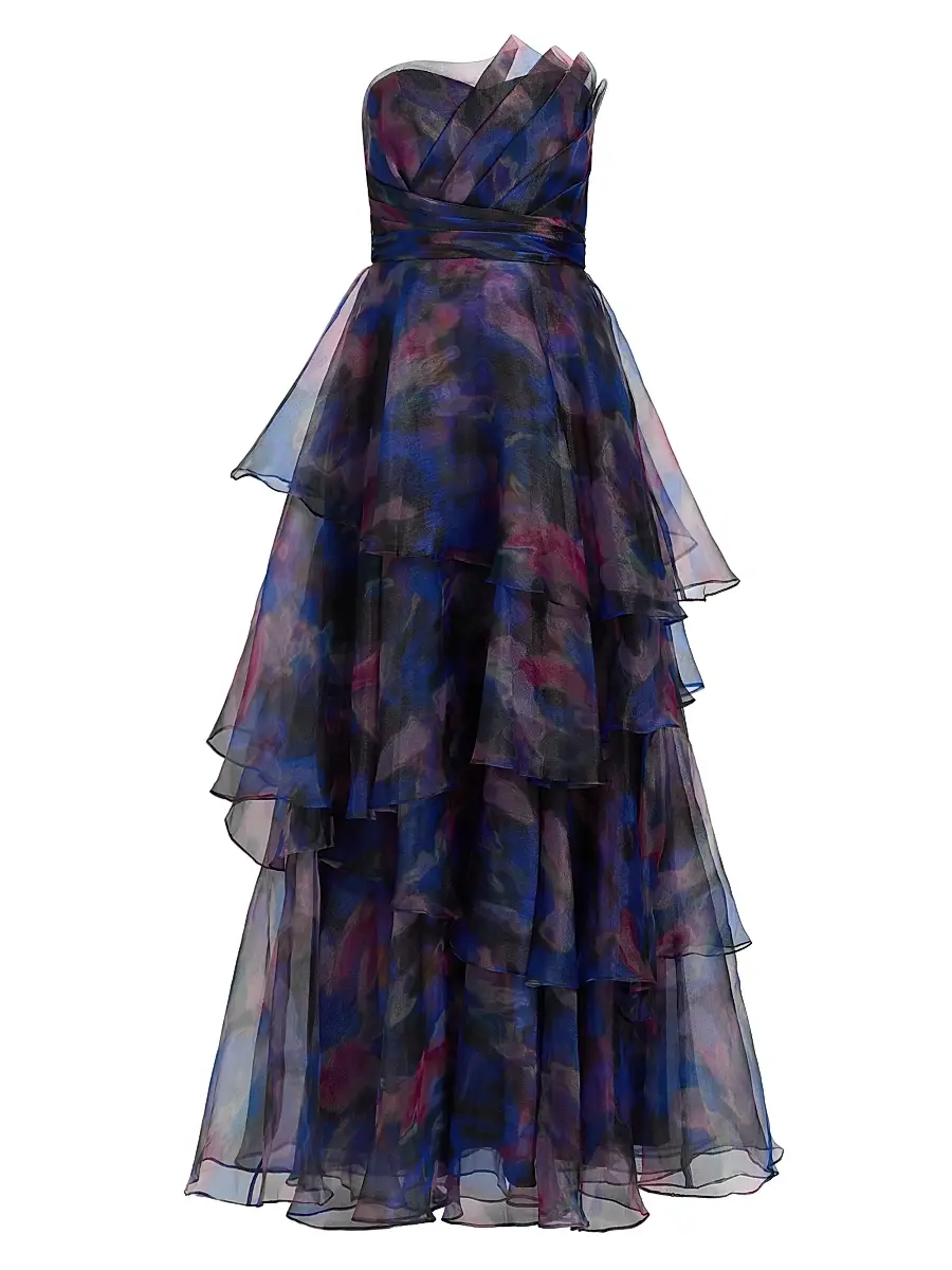 THEIA Women's Seona Pebble Organza Strapless Gown
