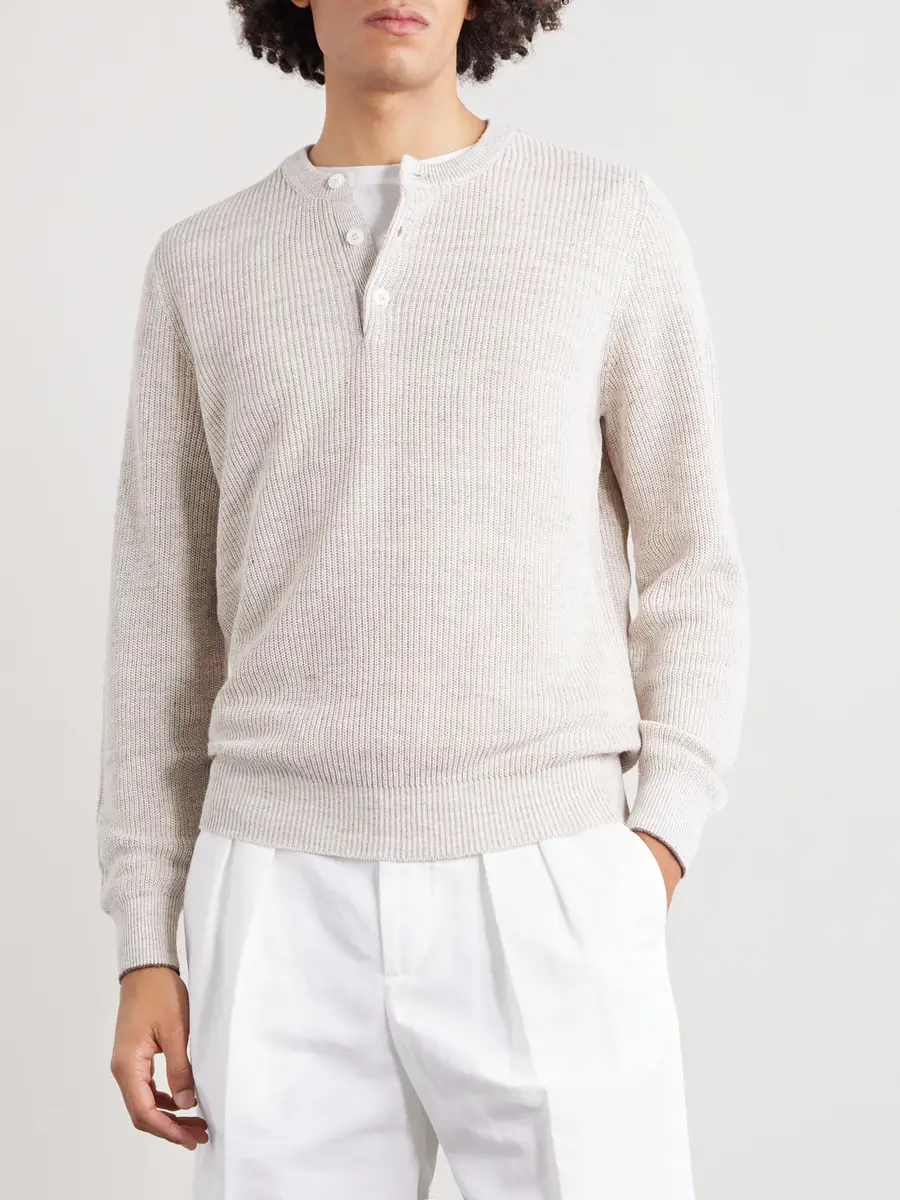 Brunello Cucinelli Ribbed Linen and Cotton-Blend Henley Shirt - Men | Thumbnail 3 Brunello Cucinelli Ribbed Linen and Cotton-Blend Henley Shirt - Men | Thumbnail 3