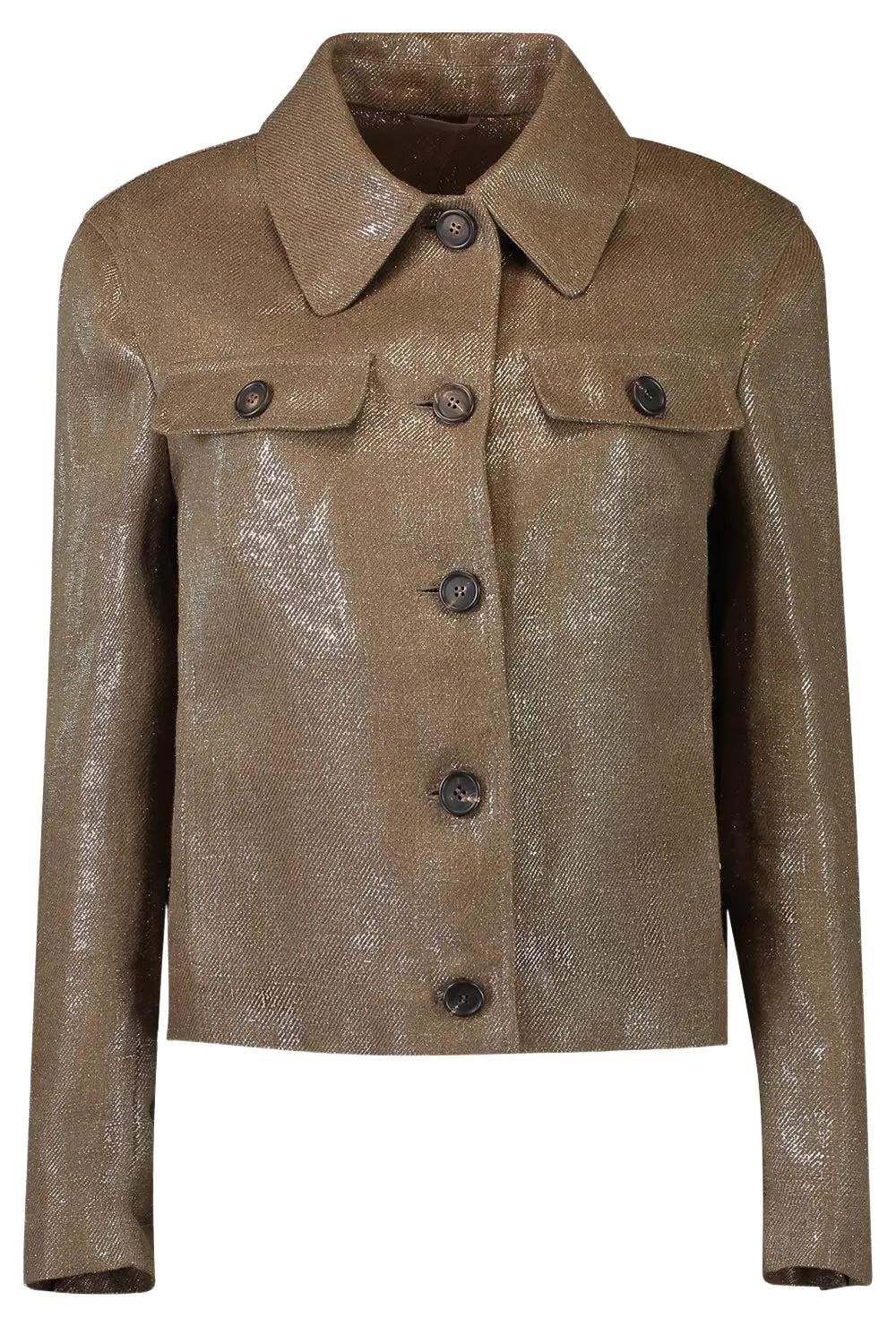 Shiny Button Front Jacket - Brown Silver Shiny Button Front Jacket - Brown Silver