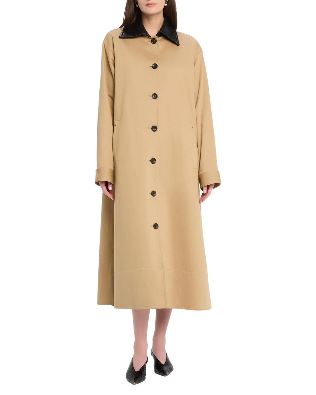 Maria McManus Leather-Collar A-Line Long Swing Coat