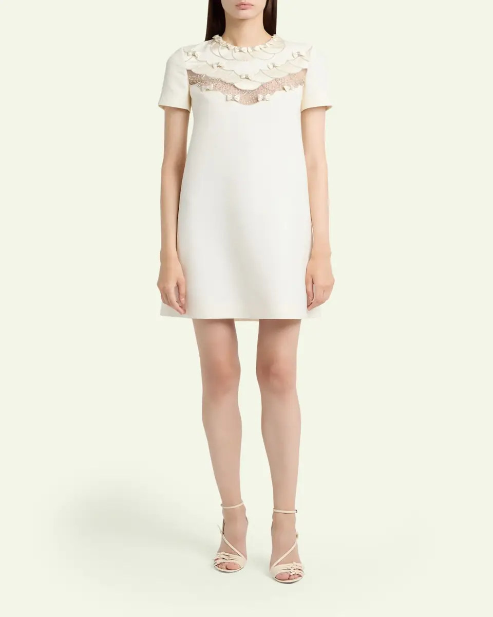 Valentino Garavani Crystal Embroidered Scalloped-Inset Short-Sleeve Mini Dress | Thumbnail 2