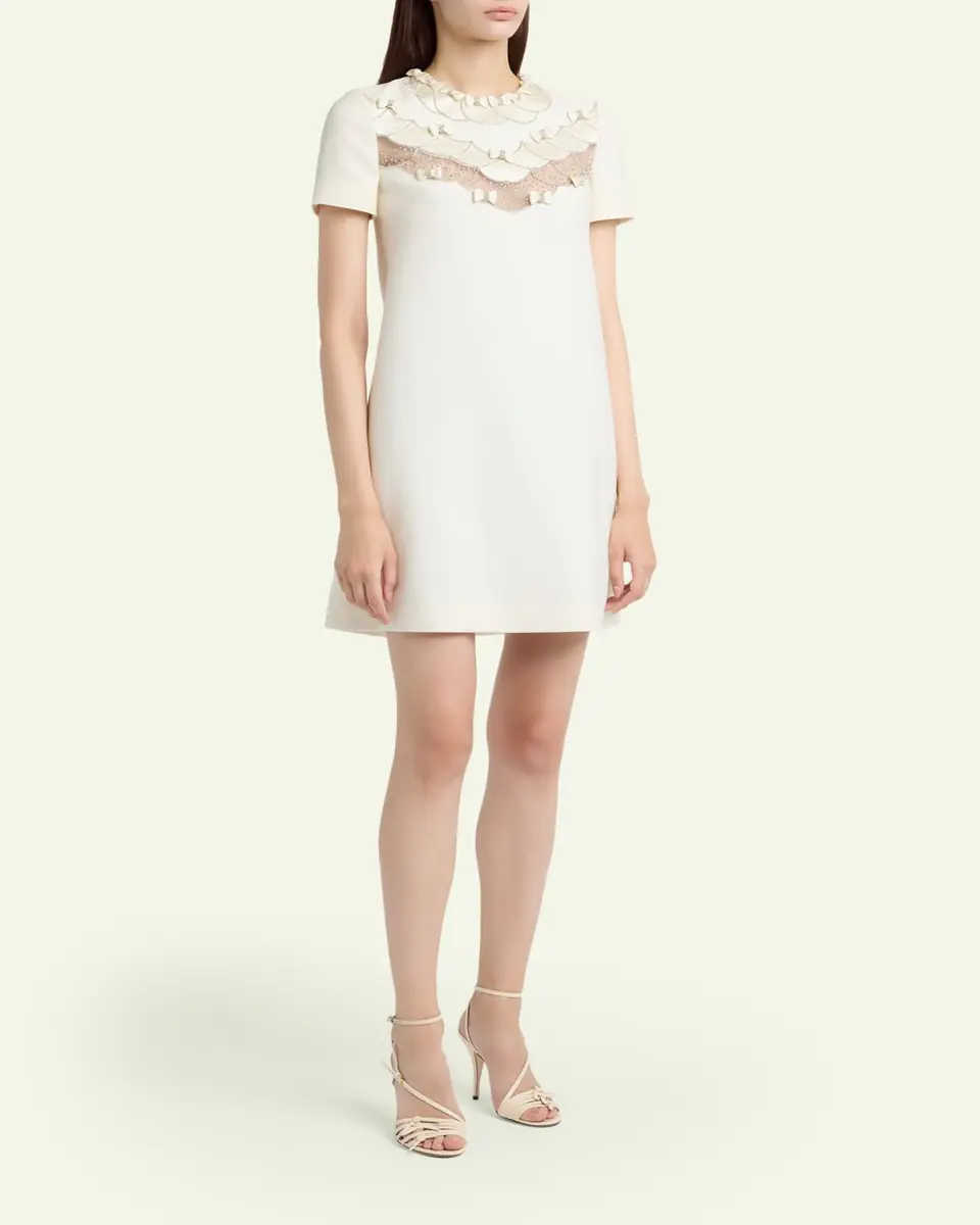 Valentino Garavani Crystal Embroidered Scalloped-Inset Short-Sleeve Mini Dress | Thumbnail 4