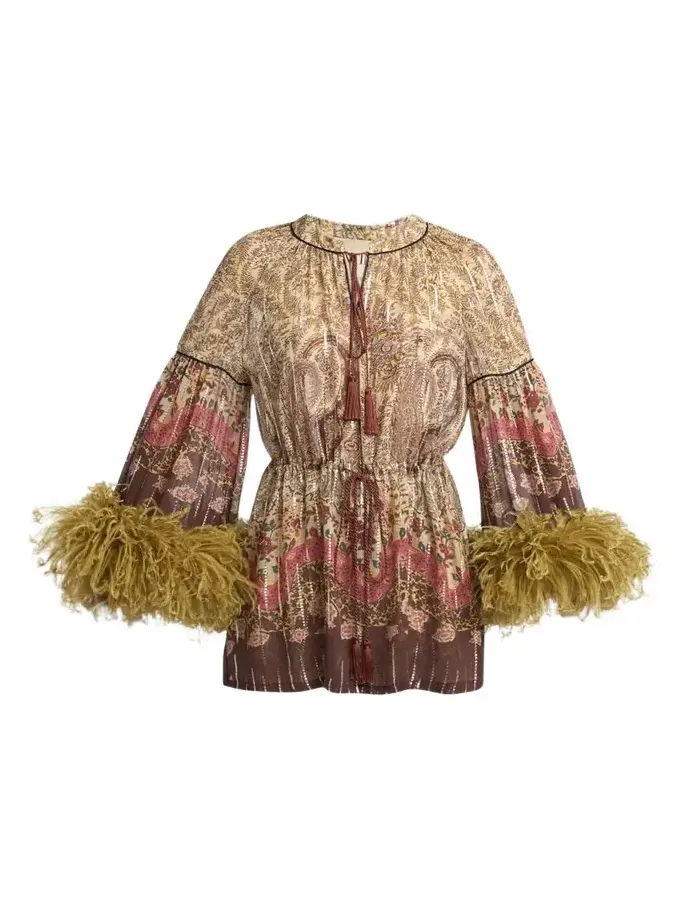Flare-Sleeve Metallic Paisley Silk Top With Feather Trim
