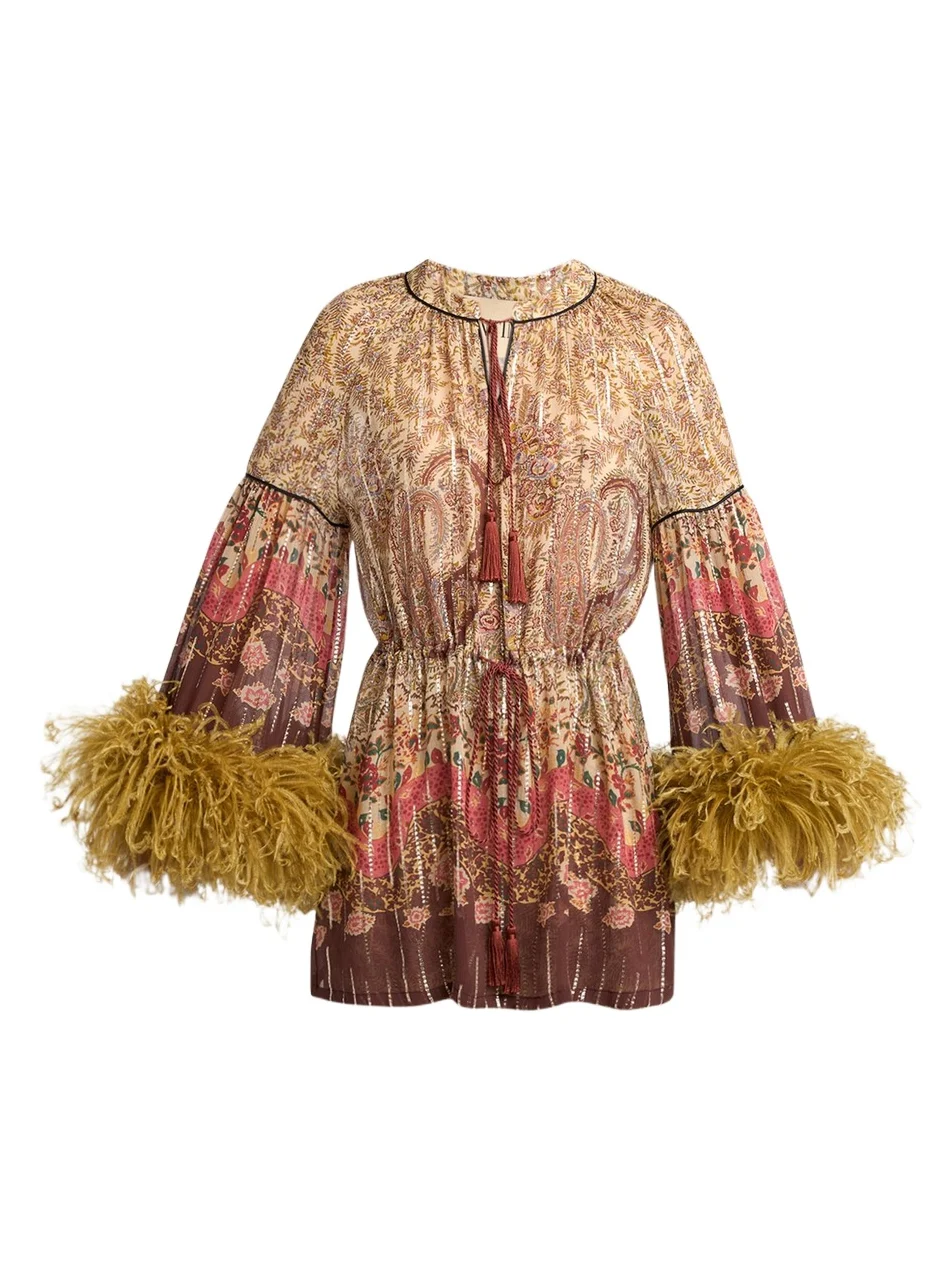 Valentino Garavani Flare-Sleeve Metallic Paisley Silk Top With Feather Trim