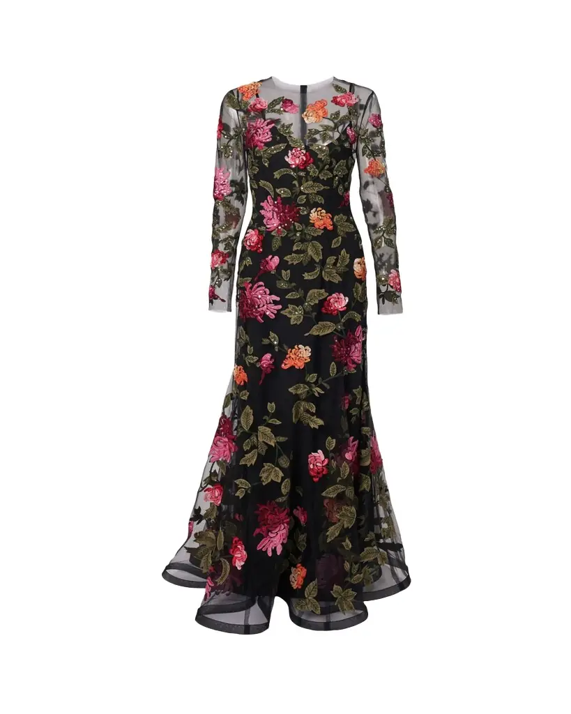 Carolina Herrera Floral-Embroidered Tulle Gown