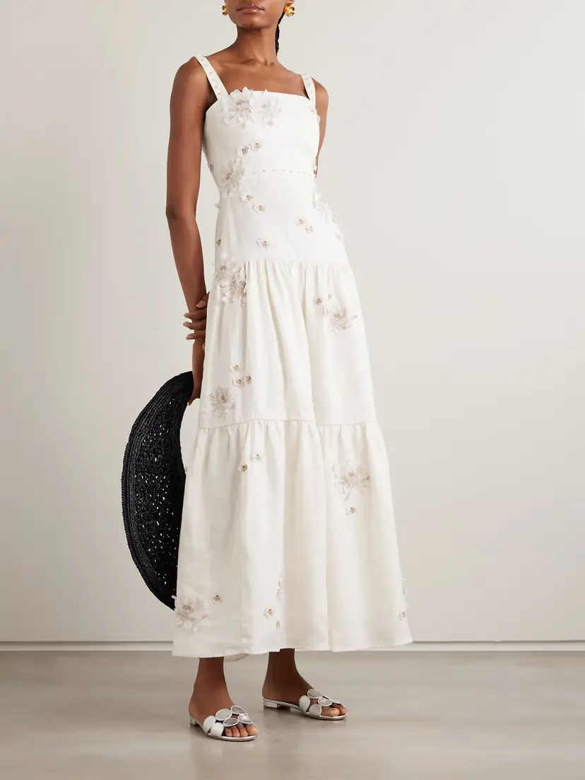 Agua by Agua Bendita Lima Embellished Appliquéd Tiered Linen Maxi Dress | Thumbnail 2