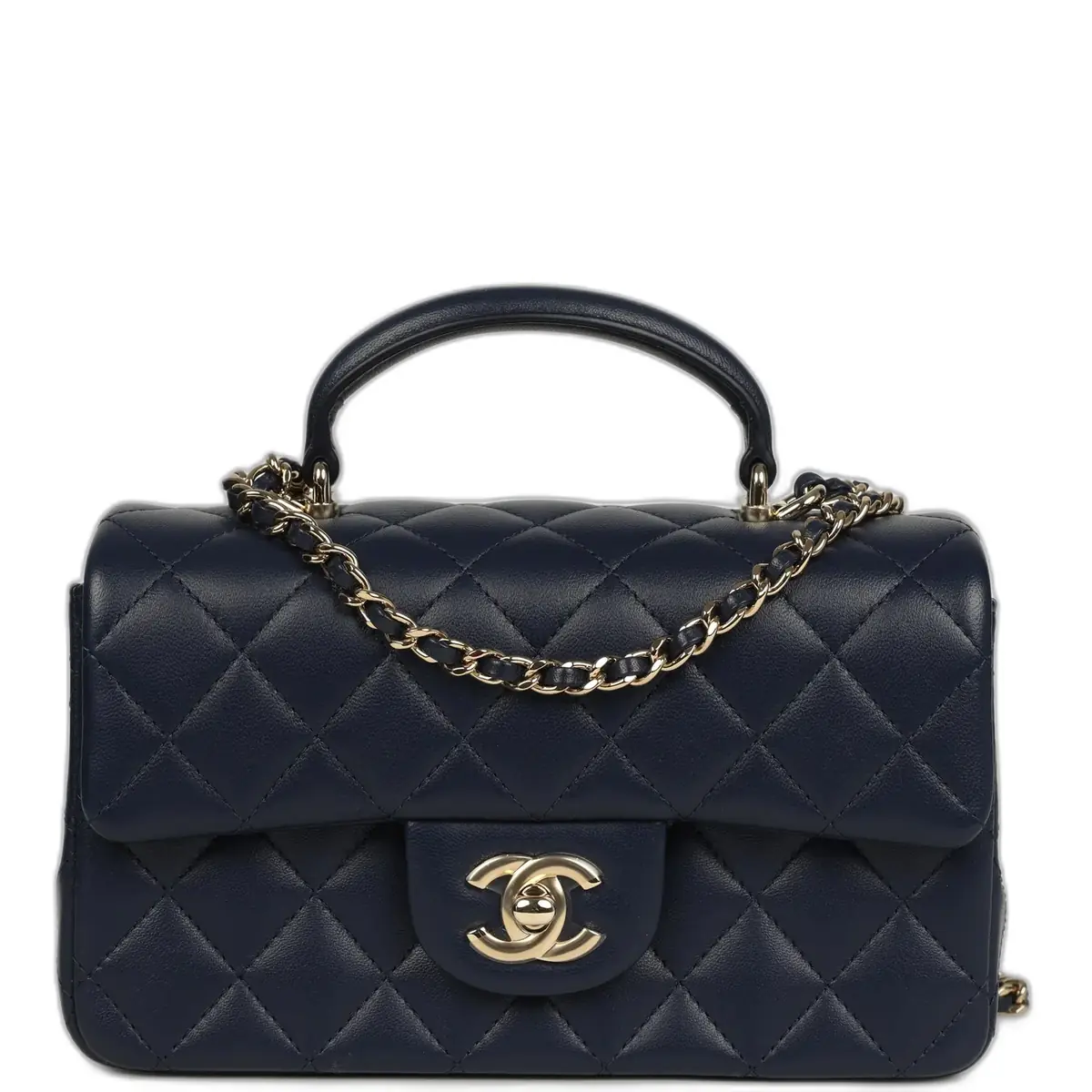 Chanel Chanel Mini Classic Rectangular Top Handle Flap Navy Lambskin Light Gold Hardware | Image 1 Chanel Chanel Mini Classic Rectangular Top Handle Flap Navy Lambskin Light Gold Hardware | Image 1