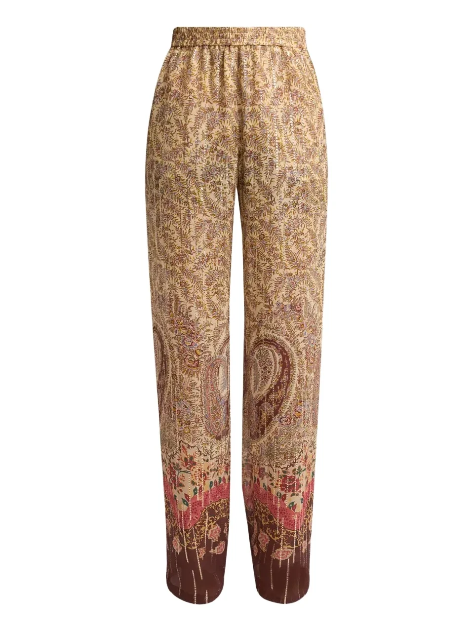 Paisley Metallic Silk Straight-Leg Pull-On Pants