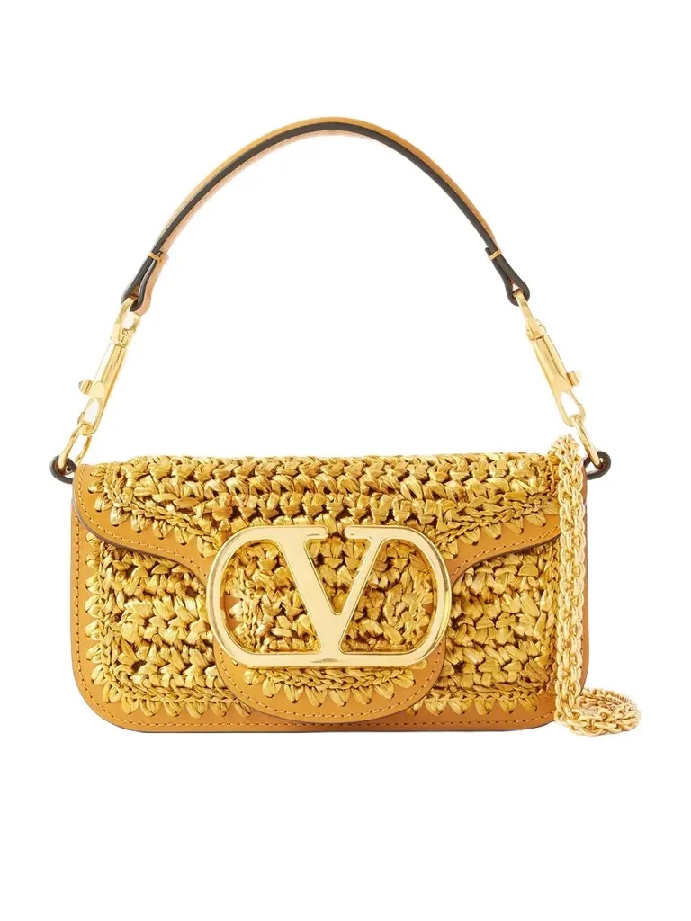 Valentino Garavani Vlogo Embellished Leather-trimmed Metallic Raffia Shoulder Bag | Image 1 Valentino Garavani Vlogo Embellished Leather-trimmed Metallic Raffia Shoulder Bag | Image 1