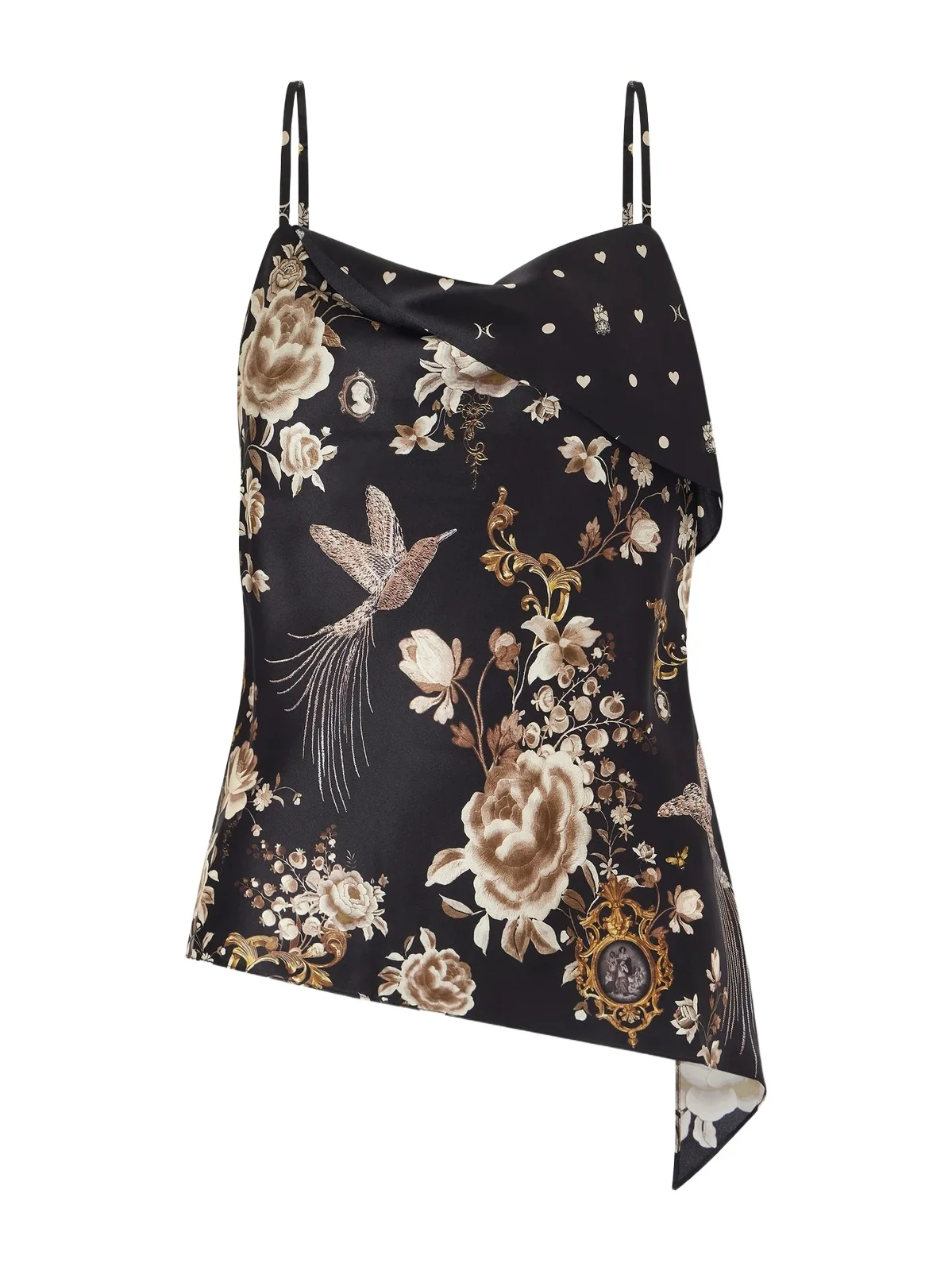 Asymmetric Draped Embellished Embroidered Printed Silk-satin Top