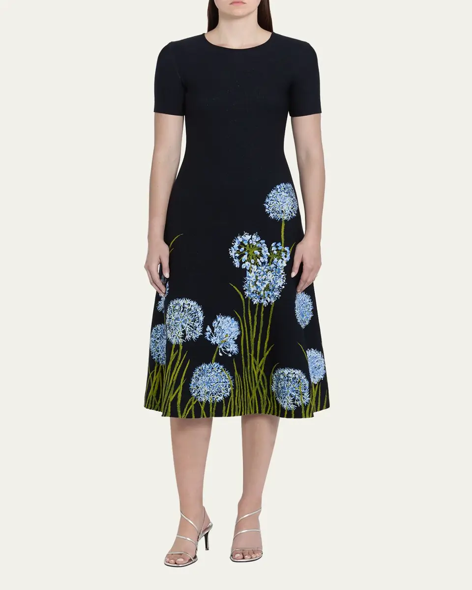 Oscar de la Renta Allium Degrade Knit Short-Sleeve Midi Dress | Thumbnail 2 Oscar de la Renta Allium Degrade Knit Short-Sleeve Midi Dress | Thumbnail 2