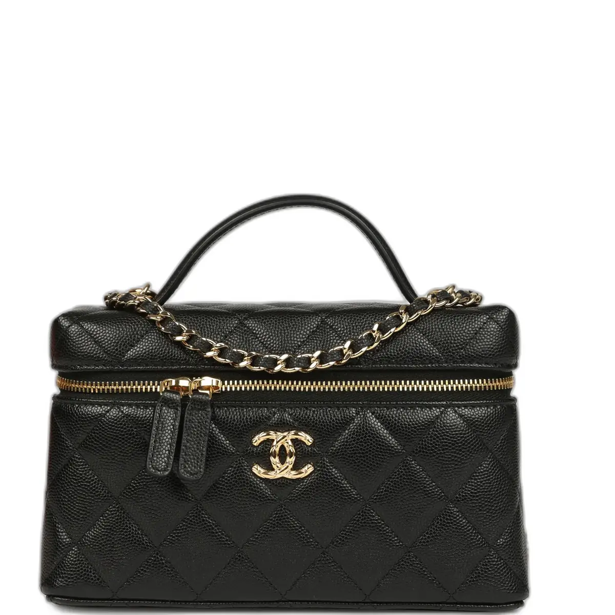 Chanel Chanel Top Handle Long Vanity Case with Chain Black Shiny Caviar Gold Hardware | Image 1 Chanel Chanel Top Handle Long Vanity Case with Chain Black Shiny Caviar Gold Hardware | Image 1