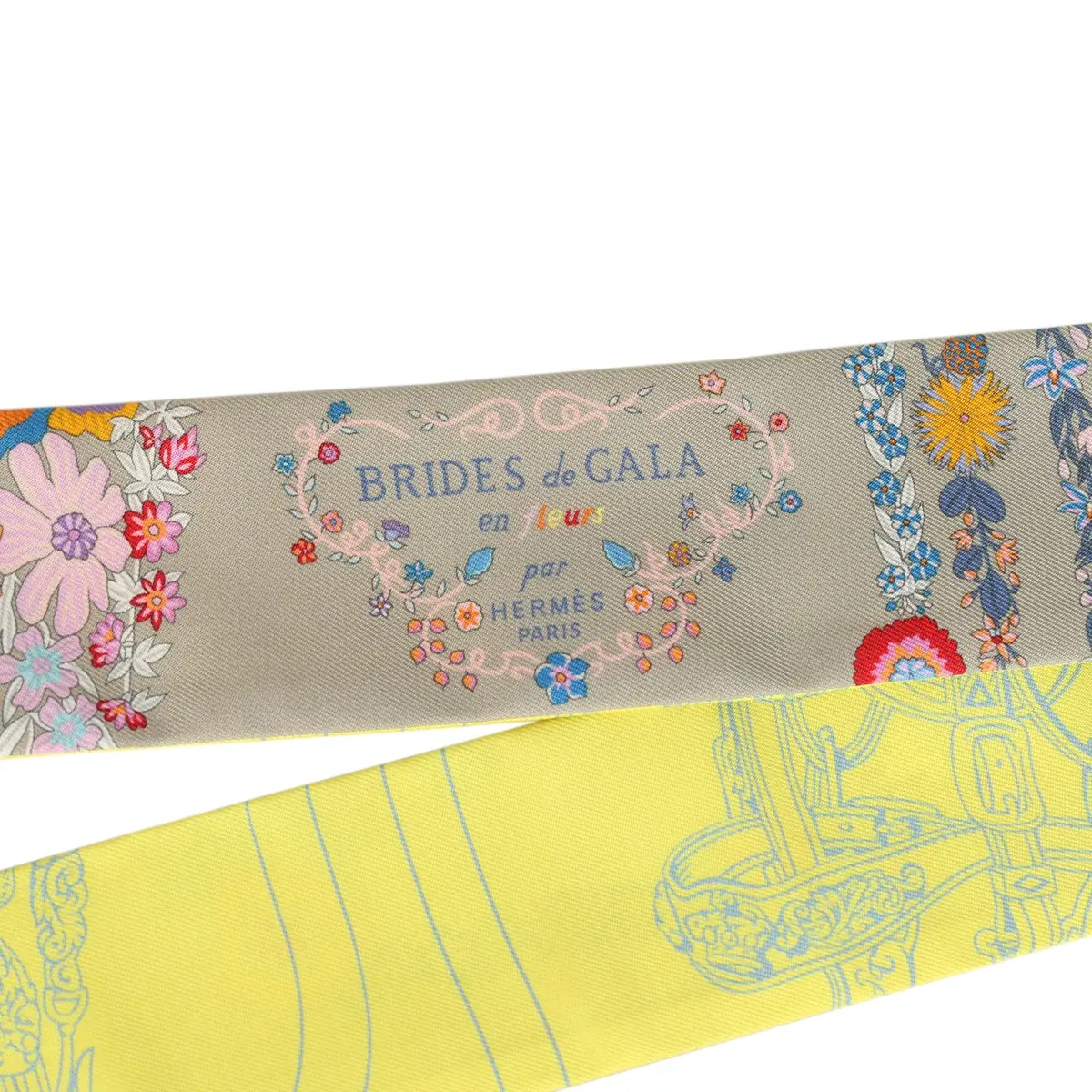 HERMÈS Hermes "Brides De Gala En Fleurs" Mastic, Jaune Vif, Multi Silk Twilly Pair | Thumbnail 3