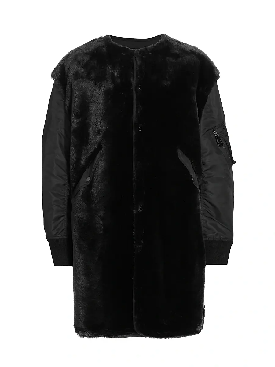 Junya Watanabe Women's Mixed-Media Faux-Fur Oversized Coat | Image 1 Junya Watanabe Women's Mixed-Media Faux-Fur Oversized Coat | Image 1