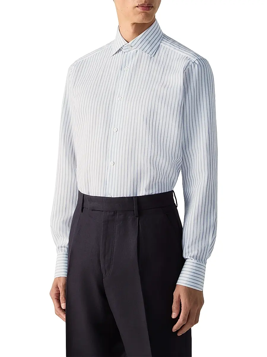 Zegna Men's Striped Cotton Linen and Silk Shirt | Thumbnail 2 Zegna Men's Striped Cotton Linen and Silk Shirt | Thumbnail 2