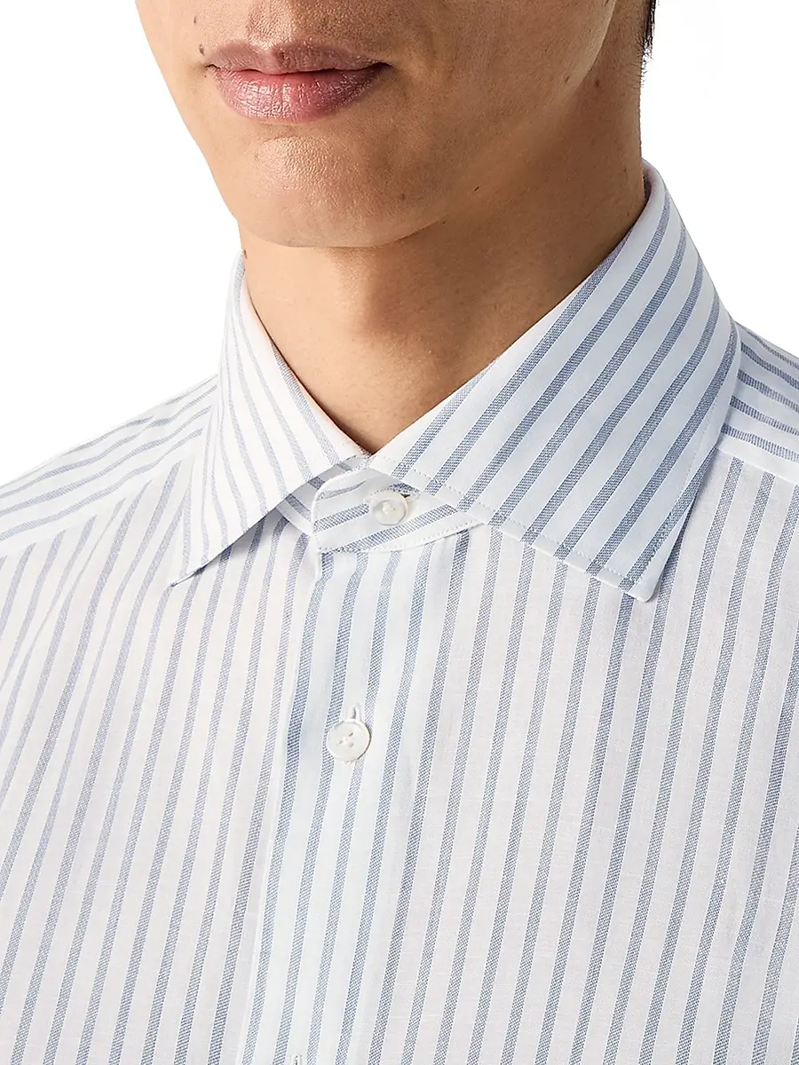 Zegna Men's Striped Cotton Linen and Silk Shirt | Thumbnail 4 Zegna Men's Striped Cotton Linen and Silk Shirt | Thumbnail 4