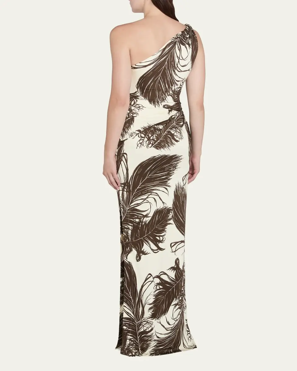 Oscar de la Renta Feather-Print One-Shoulder Sleeveless Gown | Thumbnail 3 Oscar de la Renta Feather-Print One-Shoulder Sleeveless Gown | Thumbnail 3