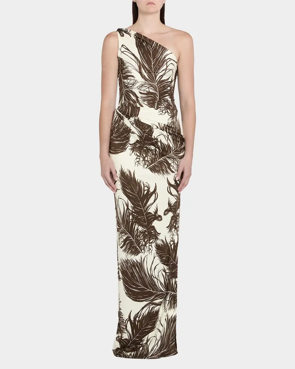 Oscar de la Renta Feather-Print One-Shoulder Sleeveless Gown | Thumbnail 6 Oscar de la Renta Feather-Print One-Shoulder Sleeveless Gown | Thumbnail 6