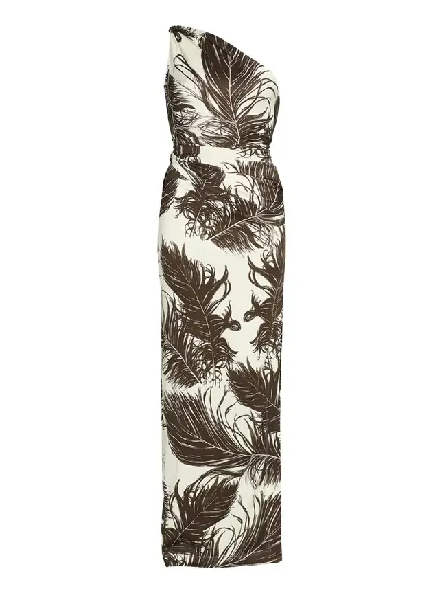 Feather-Print One-Shoulder Sleeveless Gown