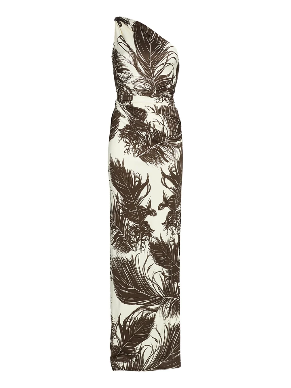 Feather-Print One-Shoulder Sleeveless Gown Feather-Print One-Shoulder Sleeveless Gown