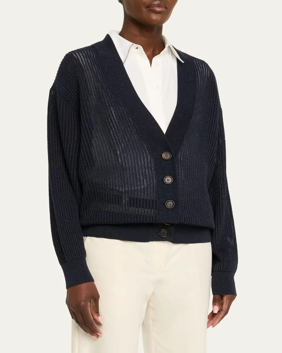Brunello Cucinelli Echo Metallic Open Knit V-Neck Cardigan | Thumbnail 4 Brunello Cucinelli Echo Metallic Open Knit V-Neck Cardigan | Thumbnail 4